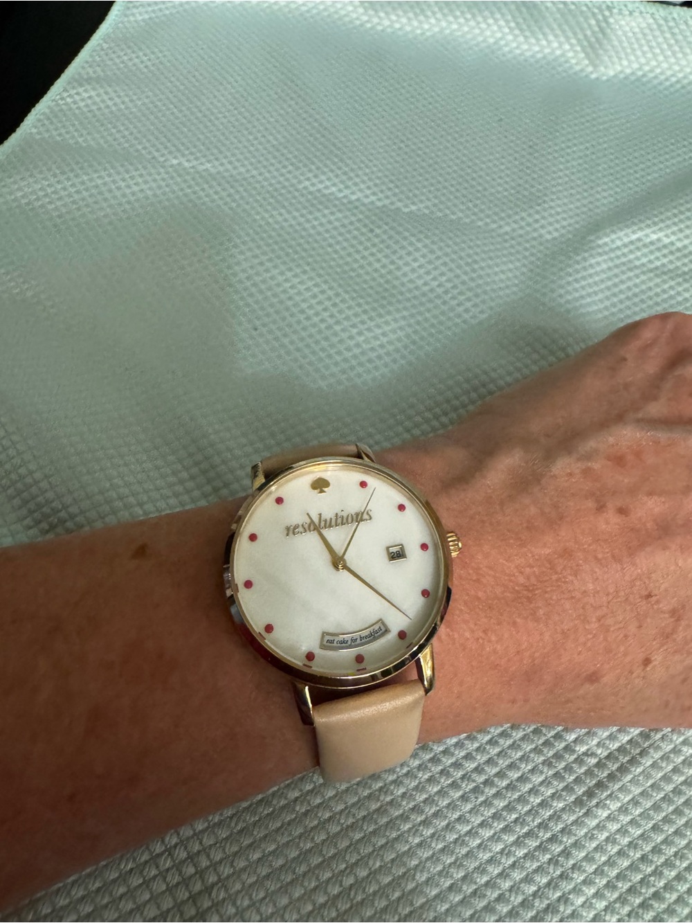 Kate Spade Resolutions Gild Tone Watch with Cream Strap and Pink Markers